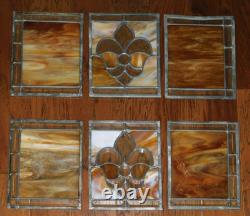 GORGEOUS! 6 Stained Glass Amber Fleur De Lis Panels Window Picture Beveled