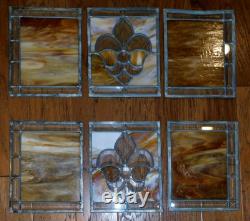 GORGEOUS! 6 Stained Glass Amber Fleur De Lis Panels Window Picture Beveled