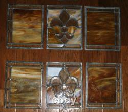 GORGEOUS! 6 Stained Glass Amber Fleur De Lis Panels Window Picture Beveled