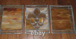 GORGEOUS! 6 Stained Glass Amber Fleur De Lis Panels Window Picture Beveled