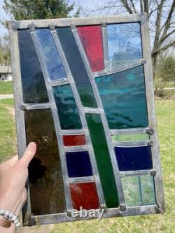 GORGEOUS STAINED GLASS PANEL Abstract Modern Geometric Frank Lloyd Wright Style