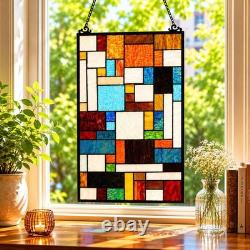Geometric Color Block Tiffany Style Stained Glass Window Panel with Hanging C