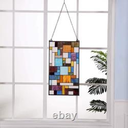 Geometric Color Block Tiffany Style Stained Glass Window Panel with Hanging C