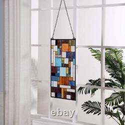 Geometric Color Block Tiffany Style Stained Glass Window Panel with Hanging C