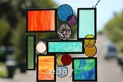 Geometric Modern Stained Glass Window Panel, Hanging 19 1/2 x 19 1/2