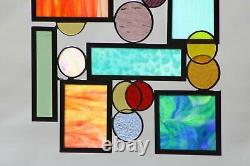 Geometric Modern Stained Glass Window Panel, Hanging 19 1/2 x 19 1/2