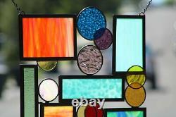 Geometric Modern Stained Glass Window Panel, Hanging 19 1/2 x 19 1/2