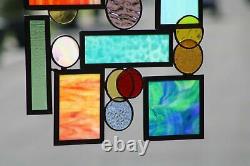 Geometric Modern Stained Glass Window Panel, Hanging 19 1/2 x 19 1/2