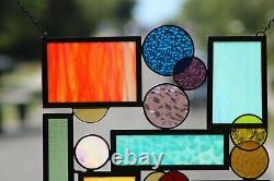 Geometric Modern Stained Glass Window Panel, Hanging 19 1/2 x 19 1/2