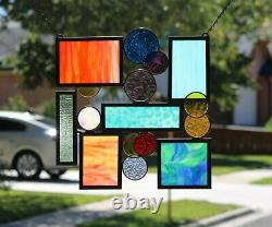 Geometric Modern Stained Glass Window Panel, Hanging 19 1/2 x 19 1/2