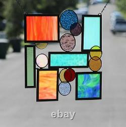 Geometric Modern Stained Glass Window Panel, Hanging 19 1/2 x 19 1/2