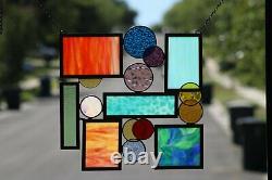 Geometric Modern Stained Glass Window Panel, Hanging 19 1/2 x 19 1/2