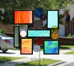 Geometric Modern Stained Glass Window Panel, Hanging 19 1/2 x 19 1/2