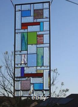 Geometric Multi-Colored Stained Glass Window Panel- 28 1/2 X 11 1/2 HMD-US