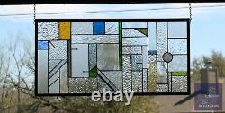 Geometric Stained Glass Panel, Window Hanging, Transom, Contemporary 27 1/4 x13