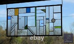 Geometric Stained Glass Panel, Window Hanging, Transom, Contemporary 27 1/4 x13