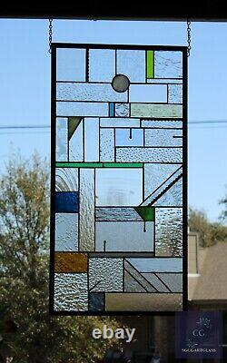 Geometric Stained Glass Panel, Window Hanging, Transom, Contemporary 27 1/4 x13
