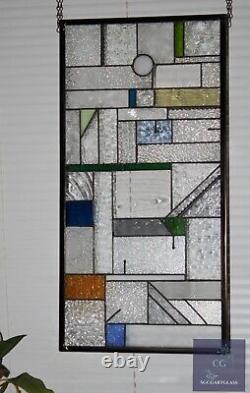 Geometric Stained Glass Panel, Window Hanging, Transom, Contemporary 27 1/4 x13