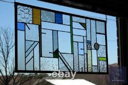 Geometric Stained Glass Panel, Window Hanging, Transom, Contemporary 27 1/4 x13
