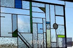 Geometric Stained Glass Panel, Window Hanging, Transom, Contemporary 27 1/4 x13