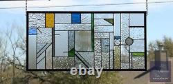 Geometric Stained Glass Panel, Window Hanging, Transom, Contemporary 27 1/4 x13