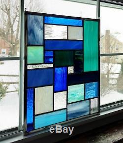 Geometric Stained Glass Window Panel, Blue Stained Glass Window