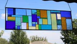 Geometric Transom Stained Glass Panel Colorful Art Glass 39 5/8 x 12 3/8