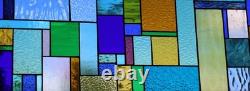 Geometric Transom Stained Glass Panel Colorful Art Glass 39 5/8 x 12 3/8