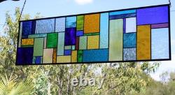 Geometric Transom Stained Glass Panel Colorful Art Glass 39 5/8 x 12 3/8
