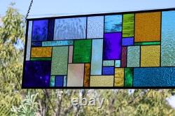 Geometric Transom Stained Glass Panel Colorful Art Glass 39 5/8 x 12 3/8