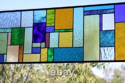 Geometric Transom Stained Glass Panel Colorful Art Glass 39 5/8 x 12 3/8