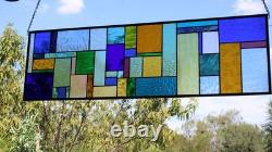 Geometric Transom Stained Glass Panel Colorful Art Glass 39 5/8 x 12 3/8