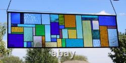 Geometric Transom Stained Glass Panel Colorful Art Glass 39 5/8 x 12 3/8