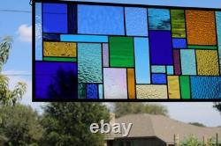 Geometric Transom Stained Glass Panel Colorful Art Glass 39 5/8 x 12 3/8