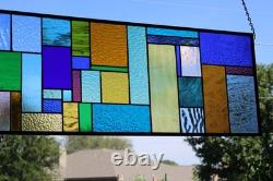 Geometric Transom Stained Glass Panel Colorful Art Glass 39 5/8 x 12 3/8