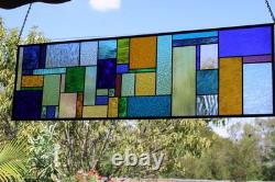 Geometric Transom Stained Glass Panel Colorful Art Glass 39 5/8 x 12 3/8