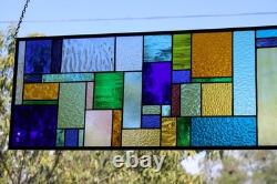 Geometric Transom Stained Glass Panel Colorful Art Glass 39 5/8 x 12 3/8