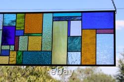 Geometric Transom Stained Glass Panel Colorful Art Glass 39 5/8 x 12 3/8