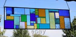 Geometric Transom Stained Glass Panel Colorful Art Glass 39 5/8 x 12 3/8