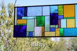 Geometric Transom Stained Glass Panel Colorful Art Glass 39 5/8 x 12 3/8