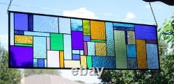 Geometric Transom Stained Glass Panel Colorful Art Glass 39 5/8 x 12 3/8