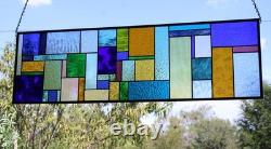 Geometric Transom Stained Glass Panel Colorful Art Glass 39 5/8 x 12 3/8