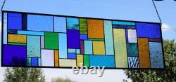 Geometric Transom Stained Glass Panel Colorful Art Glass 39 5/8 x 12 3/8