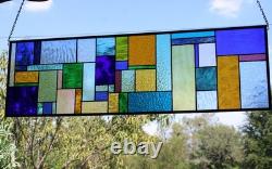 Geometric Transom Stained Glass Panel Colorful Art Glass 39 5/8 x 12 3/8