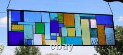 Geometric Transom Stained Glass Panel Colorful Art Glass 39 5/8 x 12 3/8
