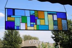 Geometric Transom Stained Glass Panel Colorful Art Glass 39 5/8 x 12 3/8