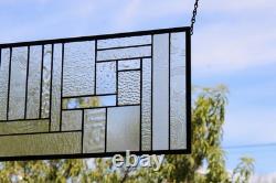 Geometric one of a kind clear stained glass Panel 30 5/8 x 10 7/16