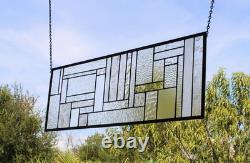 Geometric one of a kind clear stained glass Panel 30 5/8 x 10 7/16