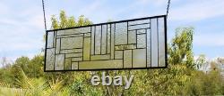 Geometric one of a kind clear stained glass Panel 30 5/8 x 10 7/16