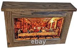 Glassmasters Light Up Oak Encased Stained Glass Window Panel Last Supper DaVinci